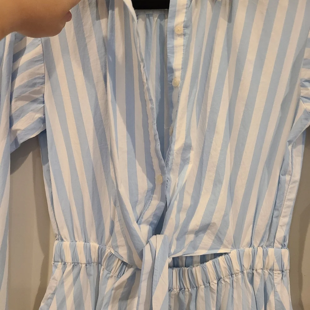 Loft Blue And White Stripe Tie Peek A Boo Front Button Cotton Maxi Shirt Dress - Picture 3 of 9